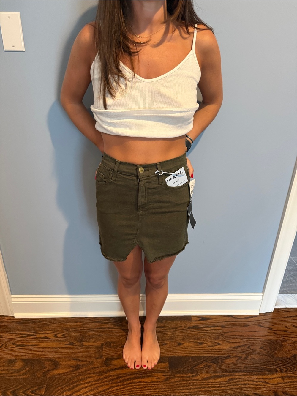Frame Denim Olive Mini Skirt with Raw Hem
